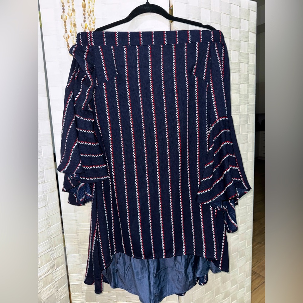 Runaway The Label Off Shoulder Ruffle Sleeve Mini Dress Striped Navy Size M